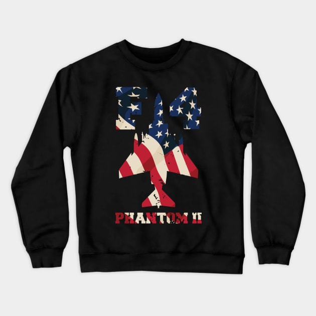 F-4 Phantom II Aircraft with USA Flag Stars and Stripes Overlay Crewneck Sweatshirt by hobrath